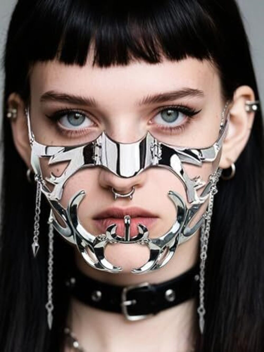 8600 Cyber Punk Half Mask Y2K Metal Face Mask Liquid Irregular Cyborg Face